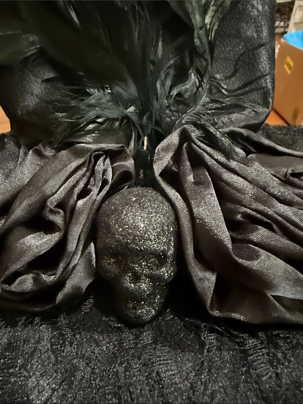 Black Lace Witch Hat with Feather Trim -